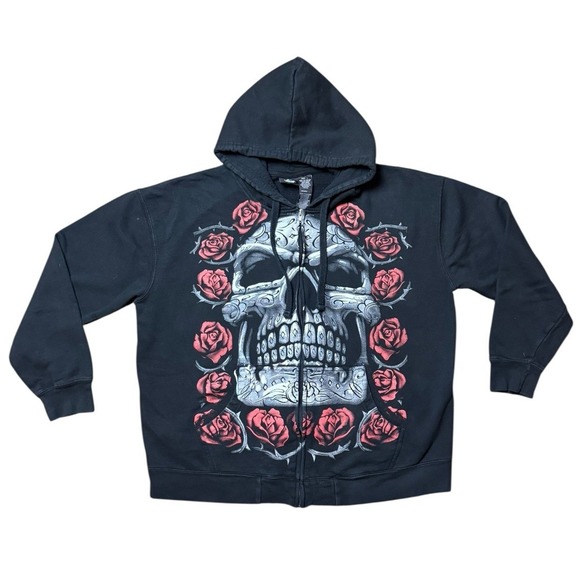 Vtg Liquid Blue "Skull/ Roses" Black Zip Up Hoodie Jacket Mens Sz Large Y2K - Picture 1 of 8